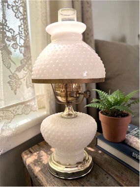 Vintage Hobnail Milk Glass Hurricane Lamp Brass Base Cottagecore Bedside Light